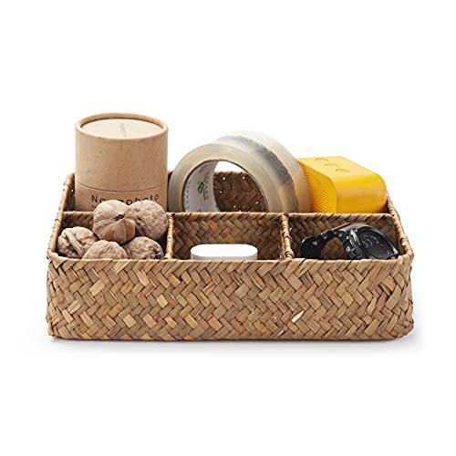 YANGQIHOME Tea Bag / Sugar Packet Holder, Coffee Station Condiment Organizer, Seagrass Storage Basket, Wicker Rattan Divided Basket Organizer for Drawer / Shelf / Countertop