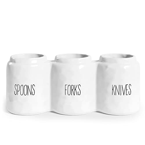 Barnyard Designs Fork Spoon Knife Flatware Holder, Countertop Silverware Organizer, Cutlery Utensil Caddy for Kitchen, Picnic or Parties, White, Set of 3, 12.5” x 4.25” x 5”