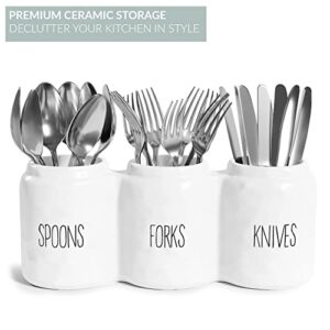 Barnyard Designs Fork Spoon Knife Flatware Holder, Countertop Silverware Organizer, Cutlery Utensil Caddy for Kitchen, Picnic or Parties, White, Set of 3, 12.5” x 4.25” x 5”