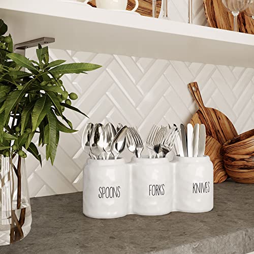 Barnyard Designs Fork Spoon Knife Flatware Holder, Countertop Silverware Organizer, Cutlery Utensil Caddy for Kitchen, Picnic or Parties, White, Set of 3, 12.5” x 4.25” x 5”