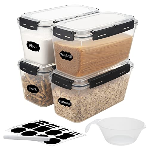 4 PCS Large Airtight Food Storage Containers with Lids Airtight, Pasta Containers for Pantry with Upgrade snaps, Dishwasher Safe Flour and Sugar Containers with Labels, Marker and Measuring Cups…