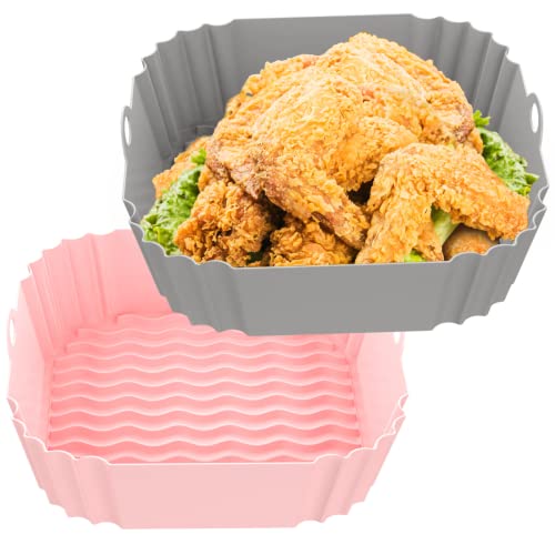 OUTXE 2-Pack Square Silicone Air Fryer Liners 8 inch for 4 to 7 QT Reusable Air Fryer Pot Air Fryer Inserts for Oven Microwave Accessories (Grey+Pink)