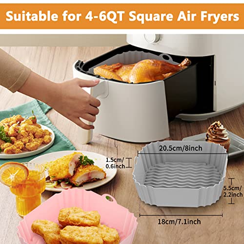 OUTXE 2-Pack Square Silicone Air Fryer Liners 8 inch for 4 to 7 QT Reusable Air Fryer Pot Air Fryer Inserts for Oven Microwave Accessories (Grey+Pink)