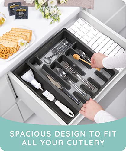 JULY HOME Expandable Kitchen Drawer Organizer - Convenient Plastic Flatware Drawer Organizer / Utensil Holder and Cutlery Tray Multipurpose Organizer Silverware Tray for Drawer Apartment Essentials