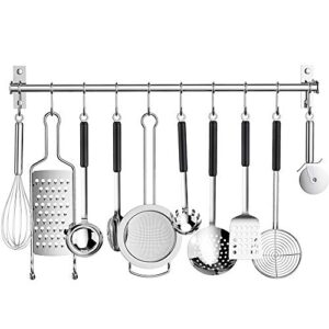 ninonly kitchen sliding hooks stainless steel utensil hanging rack with 10 removable s hooks wall mounted kitchen rail organizer for cooking utensils bbq tools hanger bar (silver)