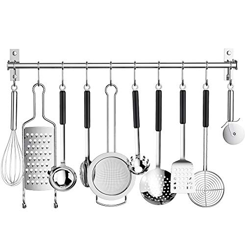 Ninonly Kitchen Sliding Hooks Stainless Steel Utensil Hanging Rack with 10 Removable S Hooks Wall Mounted Kitchen Rail Organizer for Cooking Utensils BBQ Tools Hanger Bar (Silver)