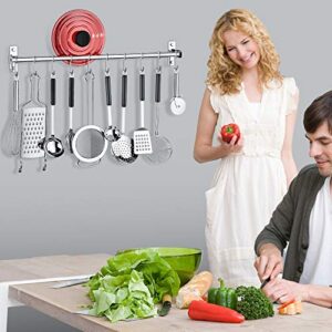 Ninonly Kitchen Sliding Hooks Stainless Steel Utensil Hanging Rack with 10 Removable S Hooks Wall Mounted Kitchen Rail Organizer for Cooking Utensils BBQ Tools Hanger Bar (Silver)