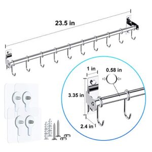 Ninonly Kitchen Sliding Hooks Stainless Steel Utensil Hanging Rack with 10 Removable S Hooks Wall Mounted Kitchen Rail Organizer for Cooking Utensils BBQ Tools Hanger Bar (Silver)