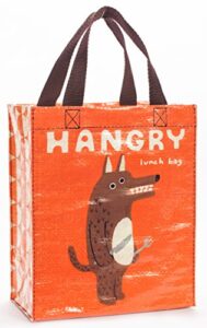 blue q handy tote ~ hangry. reusable lunch bag, little tote, gift bag, sturdy and easy to clean, made from 95% recycled material, 10″h x 8.5″w x 4.5″d