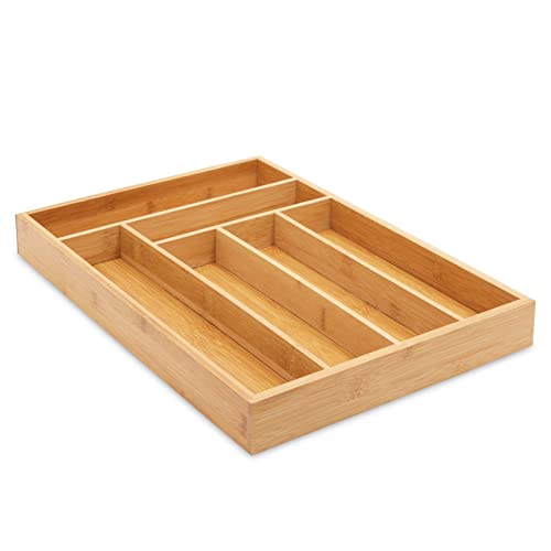 Juvale Bamboo Silverware Drawer Organizer, Wooden Cutlery Tray Holder for Kitchen, Flatware & Utensil Storage with 6 Slots, 17 x 11.75 x 1.75 Inches