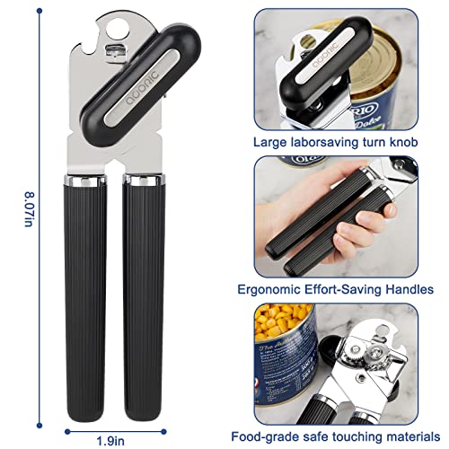 Can Opener Manual, Can Opener Smooth Edge, Food-Safe Multifunctional Can Openers Stainless Steel Manual Can Opener with Non-Slip Handle & Large Knobe, Ultra Sharp Cutting for Seniors with Arthritis