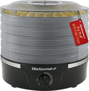 elite gourmet efd319bng food dehydrator, 5 bpa-free 11.4″ trays adjustable temperature controls, jerky, herbs, fruit, veggies, dried snacks, black and grey, 5 trays