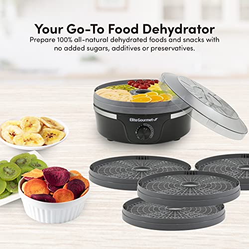 Elite Gourmet EFD319BNG Food Dehydrator, 5 BPA-Free 11.4" Trays Adjustable Temperature Controls, Jerky, Herbs, Fruit, Veggies, Dried Snacks, Black and Grey, 5 Trays