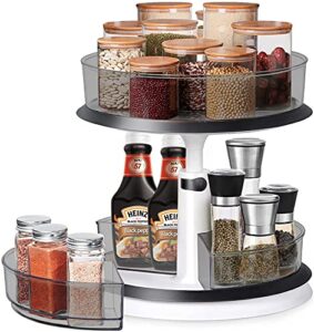 yesland 2-tier lazy susan turntable with large bin and 3 dividers, 11” height adjustable cabinet and spice rack organize for kitchen pantry snack fruit makeup(black)