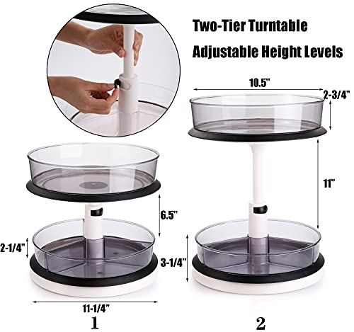 Yesland 2-Tier Lazy Susan Turntable with Large Bin and 3 Dividers, 11'' Height Adjustable Cabinet and Spice Rack Organize for Kitchen Pantry Snack Fruit Makeup(Black)