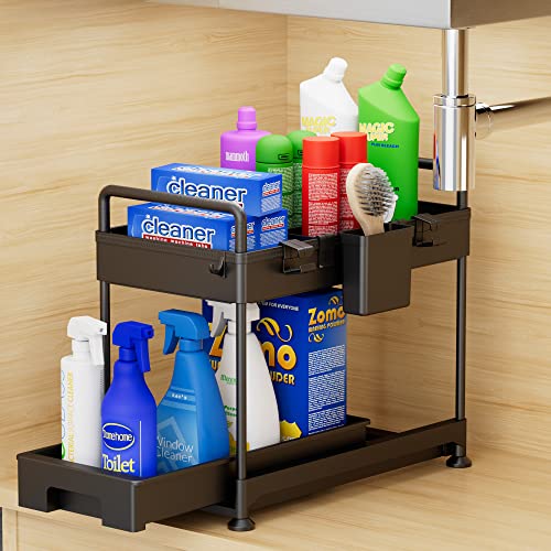 MZF Under Sink Organizer and Storage, 2 Tier Sliding Under Bathroom Cabinet Storage Drawer Organizer with Hooks and Cups, Multi-purpose Under Sink Shelf Organizer for Bathroom Kitchen, Black