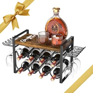 jafusi wine rack with glass holder, countertop wine rack metal frame, wine holder stand with wooden tray, bottles rack for home decor kitchen storage (hold 8 bottles and 4~6 glasses)