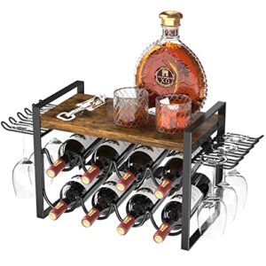 JAFUSI Wine Rack with Glass Holder, Countertop Wine Rack Metal Frame, Wine Holder Stand with Wooden Tray, Bottles Rack for Home Decor Kitchen Storage (Hold 8 Bottles and 4~6 Glasses)