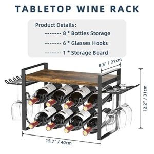 JAFUSI Wine Rack with Glass Holder, Countertop Wine Rack Metal Frame, Wine Holder Stand with Wooden Tray, Bottles Rack for Home Decor Kitchen Storage (Hold 8 Bottles and 4~6 Glasses)
