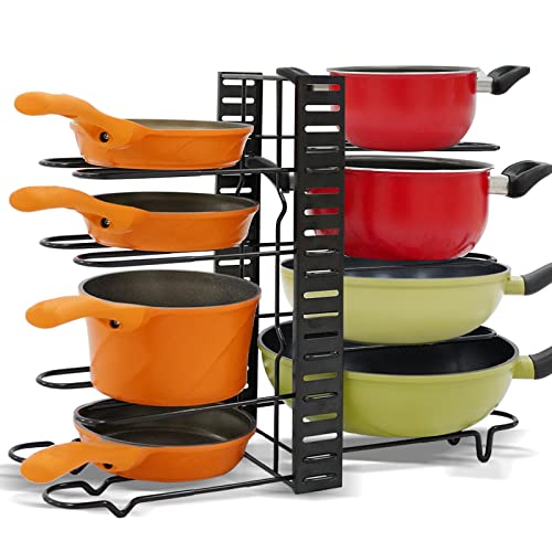 crevary Pots and Pans Organizer for Cabinet, Upgrade Anti-Skid, 8 Tier Pot Rack with 3 DIY Methods, Adjustable Pan Organizer Rack, Pot Organizer for Kitchen Organization & Storage, Pot Lid Organizer