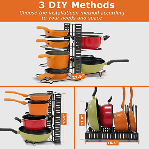 crevary Pots and Pans Organizer for Cabinet, Upgrade Anti-Skid, 8 Tier Pot Rack with 3 DIY Methods, Adjustable Pan Organizer Rack, Pot Organizer for Kitchen Organization & Storage, Pot Lid Organizer