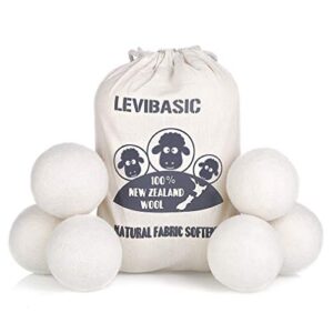 wool dryer balls 6 pack xl, 3″ genuine new zealand wool to core, 100% organic fabric softener alternative, baby safe & chemical free, reduce wrinkles & shorten drying time by levibasic (white-6pcs)