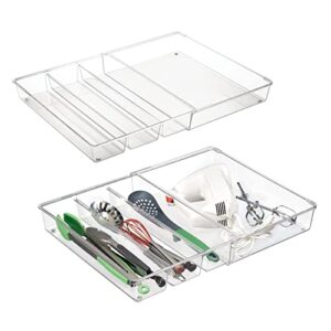 mdesign plastic adjustable/expandable divided drawer storage organizer with 4 compartments for kitchen pantry, cupboard, cabinet, hold silverware, utensils, cutlery – ligne collection – 2 pack – clear