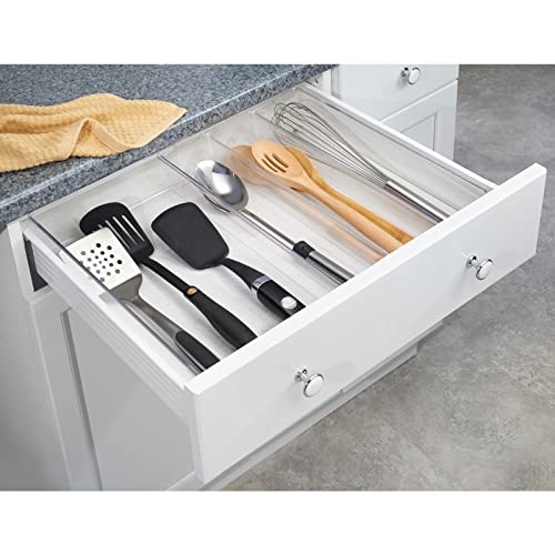 mDesign Plastic Adjustable/Expandable Divided Drawer Storage Organizer with 4 Compartments for Kitchen Pantry, Cupboard, Cabinet, Hold Silverware, Utensils, Cutlery - Ligne Collection - 2 Pack - Clear