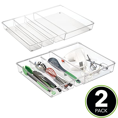 mDesign Plastic Adjustable/Expandable Divided Drawer Storage Organizer with 4 Compartments for Kitchen Pantry, Cupboard, Cabinet, Hold Silverware, Utensils, Cutlery - Ligne Collection - 2 Pack - Clear