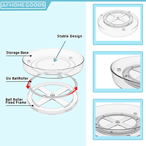 AF Home Goods Food Grade BPA Free Clear Lazy Susan 2 Pack, 10.6 Inch Kitchen Cabinet Turntable Organizer, Spinning Storage Container for Fridge Pantry Vanity Bathroom Countertop Makeup