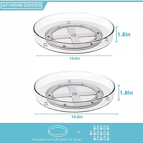 AF Home Goods Food Grade BPA Free Clear Lazy Susan 2 Pack, 10.6 Inch Kitchen Cabinet Turntable Organizer, Spinning Storage Container for Fridge Pantry Vanity Bathroom Countertop Makeup