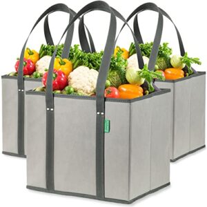 reusable grocery bags (3 pack) – heavy duty reusable shopping bags with box shape to stand up, stay open, fold flat – large tote bags with long handles & reinforced bottom – gray