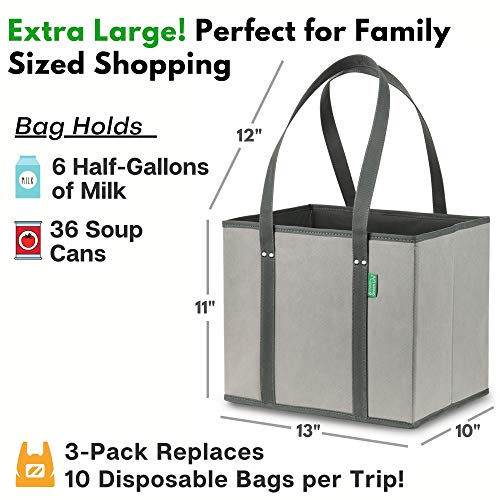 Reusable Grocery Bags (3 Pack) – Heavy Duty Reusable Shopping Bags with Box Shape to Stand Up, Stay Open, Fold Flat – Large Tote Bags with Long Handles & Reinforced Bottom – Gray