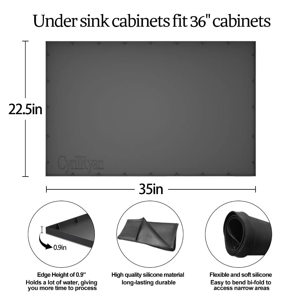Under Sink Mat Waterproof for 36" Cabinet, Kitchen Rubber mat, Holds Over 3.3 Gallons Liquid Carbon Cabinets Leak Protector Bathroom Sink Line Drip Tray Sink Pan Black 35x22.5 inch