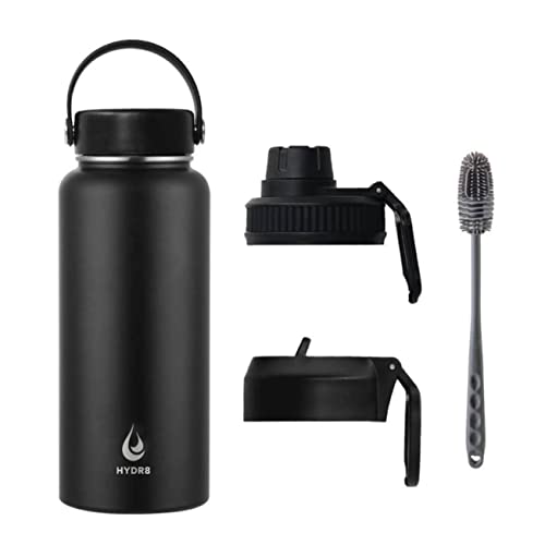 HYDR8 Vacuum Insulated 32oz Stainless Steel Water Bottle with 3 Lids & Cleaning Brush, Space Black