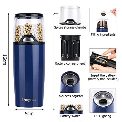 Qingrun electric salt or pepper grinder is provided with button control for grinding,battery-powered pepper mill,one-hand operation and white light.Adjustable roughness pepper grinder.Blue