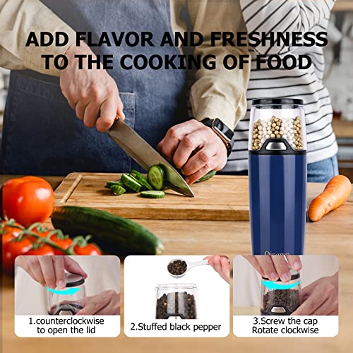 Qingrun electric salt or pepper grinder is provided with button control for grinding,battery-powered pepper mill,one-hand operation and white light.Adjustable roughness pepper grinder.Blue