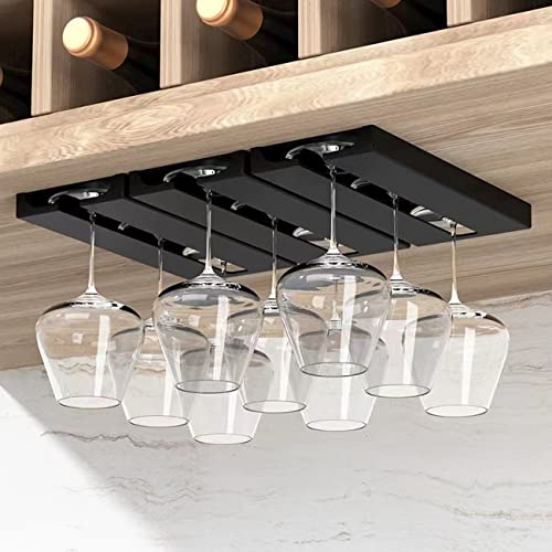 Manwo 2 Pack Wine Glass Holder Under Shelf or Cabinet Punch-free Wine Glass Rack Plastic Stemware Rack Glassware Drying Storage Hanger for Kitchen,Bar and Restaurant(Black)