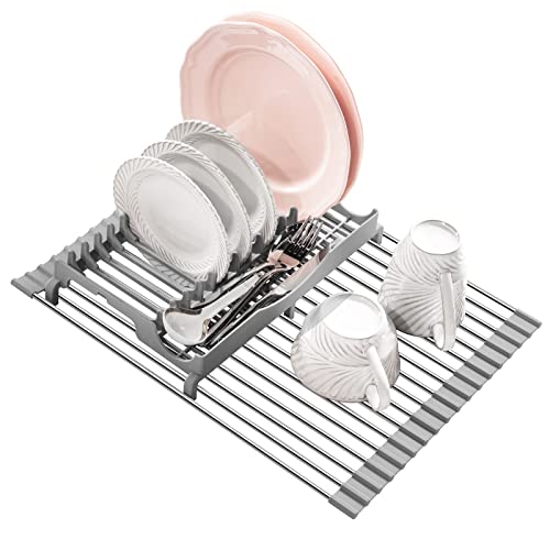 EMIERAI Upgraded Roll Up Dish Drying Rack(17.1” x 13.1”) Over Sink Dish Drainer Foldable Stainless Steel Trivet for Kitchen Countertop