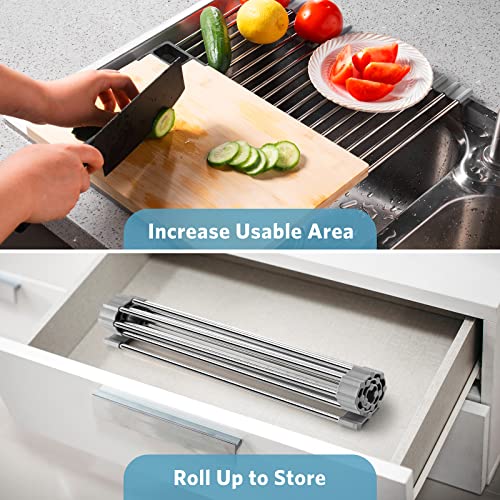EMIERAI Upgraded Roll Up Dish Drying Rack(17.1” x 13.1”) Over Sink Dish Drainer Foldable Stainless Steel Trivet for Kitchen Countertop