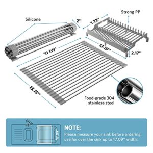 EMIERAI Upgraded Roll Up Dish Drying Rack(17.1” x 13.1”) Over Sink Dish Drainer Foldable Stainless Steel Trivet for Kitchen Countertop