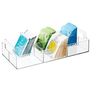 mdesign compact plastic tea storage organizer caddy tote bin – 6 divided sections, built-in handles – holder for tea bags, packets, sweeteners and small packets, bpa free – clear