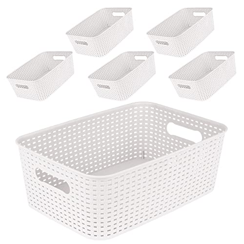 MBKO Plastic Storage Basket - Kitchen Office Pantry Organizer Bins (Medium-6PK, White)