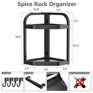 coorack Spice Rack Organizer with Hooks, 2 Tier Bathroom Countertop, Kitchen Corner Seasoning Shelf, Standing Storage for, , Bedroom (Large), Black-large