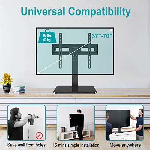 Universal TV Stand, Swivel TV Stand Base Fits Most 37 to 70 Inch LCD LED Screens, 9 Levels Height Adjustable Table Top TV Stand with Tempered Glass Base, Holds up to 88lbs, Max VESA 600x400mm