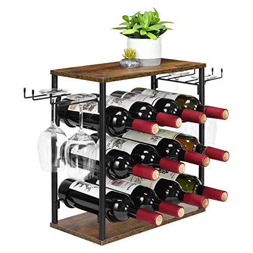 melos Wine Rack, 12 Bottle Wine Holder Stand for Table, 3 Tier Freestanding Small Wine Rack Countertop, Wine Shelf for Cabinet, Home, Kitchen, Bar, Hotel, Restaurant, Brown