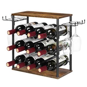 melos Wine Rack, 12 Bottle Wine Holder Stand for Table, 3 Tier Freestanding Small Wine Rack Countertop, Wine Shelf for Cabinet, Home, Kitchen, Bar, Hotel, Restaurant, Brown