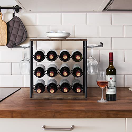 melos Wine Rack, 12 Bottle Wine Holder Stand for Table, 3 Tier Freestanding Small Wine Rack Countertop, Wine Shelf for Cabinet, Home, Kitchen, Bar, Hotel, Restaurant, Brown