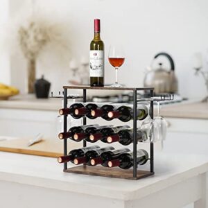 melos Wine Rack, 12 Bottle Wine Holder Stand for Table, 3 Tier Freestanding Small Wine Rack Countertop, Wine Shelf for Cabinet, Home, Kitchen, Bar, Hotel, Restaurant, Brown