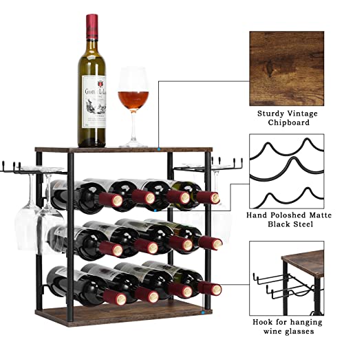 melos Wine Rack, 12 Bottle Wine Holder Stand for Table, 3 Tier Freestanding Small Wine Rack Countertop, Wine Shelf for Cabinet, Home, Kitchen, Bar, Hotel, Restaurant, Brown